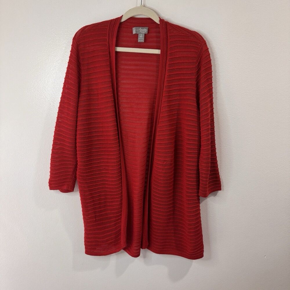 Travelers Chico's Cardigan Sweater 2 / L Red Open Crochet Knit Wrinkle Resistant